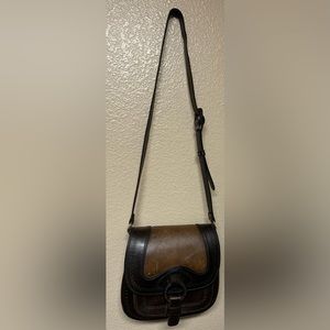 Anna Cainzo Two Tone Brown Tooled Leather Saddle Crossbody Bag